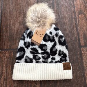C.C Black and White Leopard Print Pom Pom Beanie